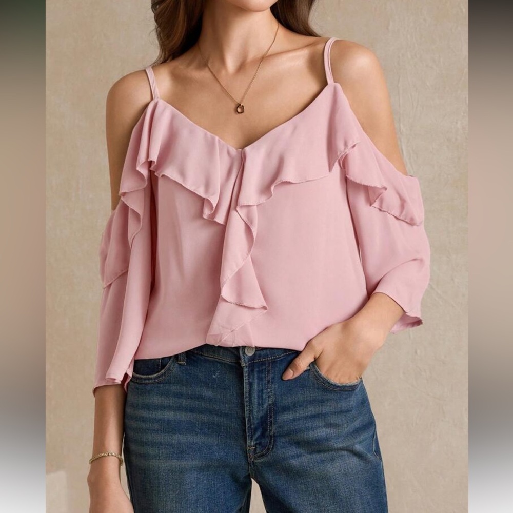Elegant Red Ruffle Cold Shoulder Top - Picture 5 of 16